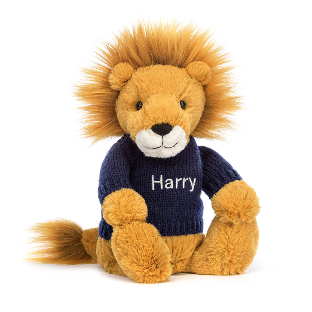 Bashful Lion with Personalised Navy Jumper (Large)