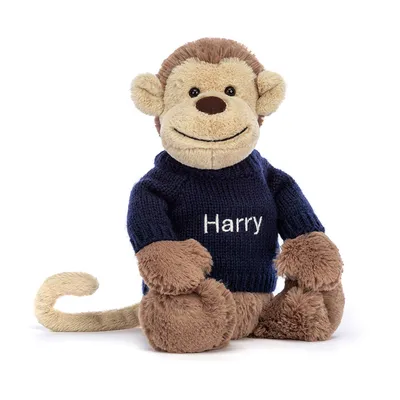 Bashful Monkey with Personalised Navy Jumper (Medium)