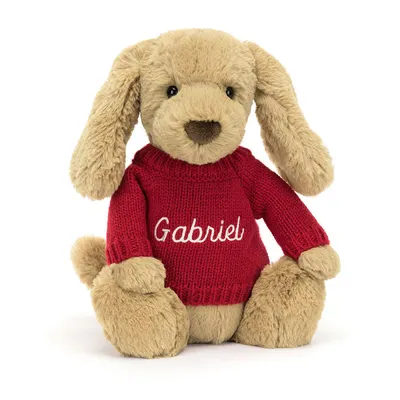 Bashful Toffee Puppy with Personalised Red Jumper (Medium)