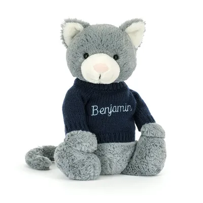 Bashful Kitten with Personalised Navy Jumper (Medium)