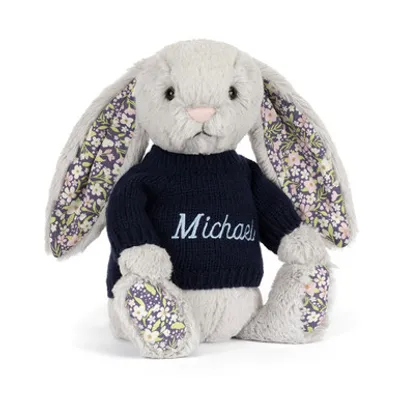 Blossom Silver Bunny 'Bloom' with Personalised Navy Jumper