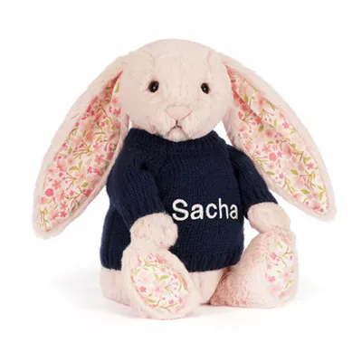 Blossom Blush Bunny 'Cherry' with Personalised Navy Jumper