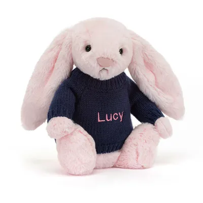 Bashful Pink Bunny with Personalised Navy Jumper