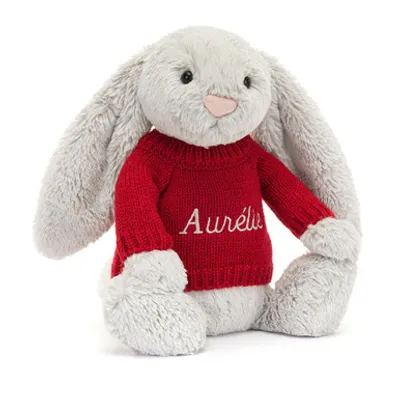 Bashful Silver Bunny with Personalised Red Jumper