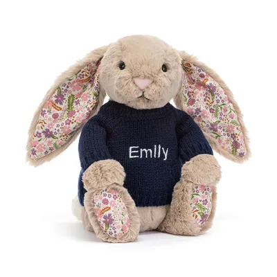 Blossom Beige Bunny 'Petal' with Personalised Navy Jumper