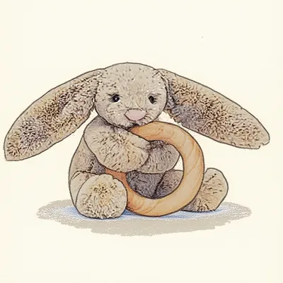 Bashful Beige Bunny Wooden Teething Ring & Rattle