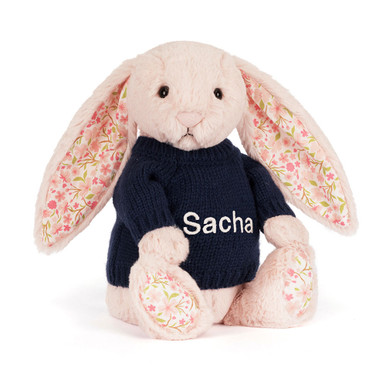 Blossom Blush Bunny 'Cherry' with Personalised Navy Jumper