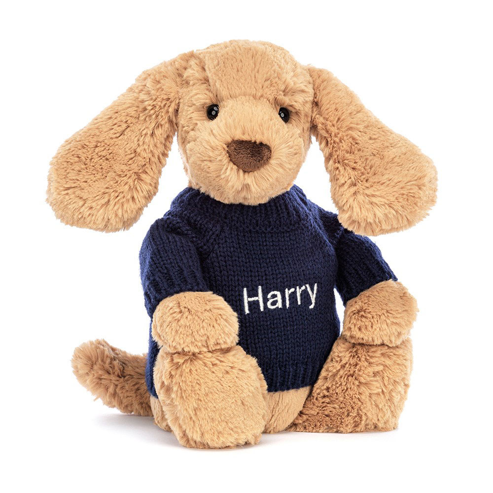 Bashful Toffee Puppy with Personalised Navy Jumper (Medium)