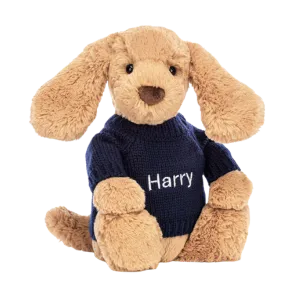 Bashful Toffee Puppy with Personalised Navy Jumper (Medium)